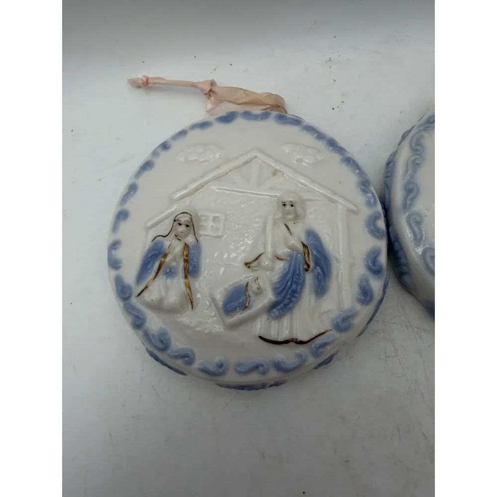 Vintage Autom Porcelain Nativity Christmas Ornaments Blue White Relief Set of 2